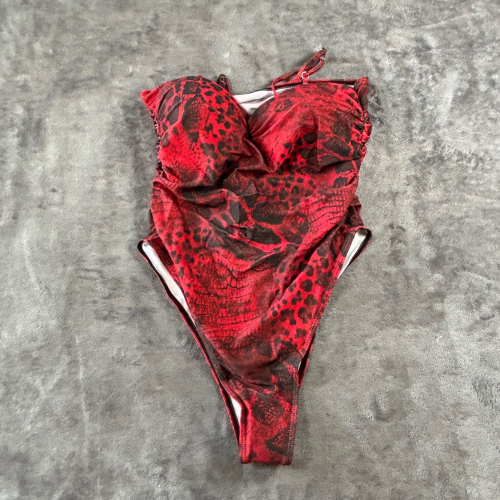 Matte Collection Red Black Animal Print One Piece Swimsuit High Cut Large